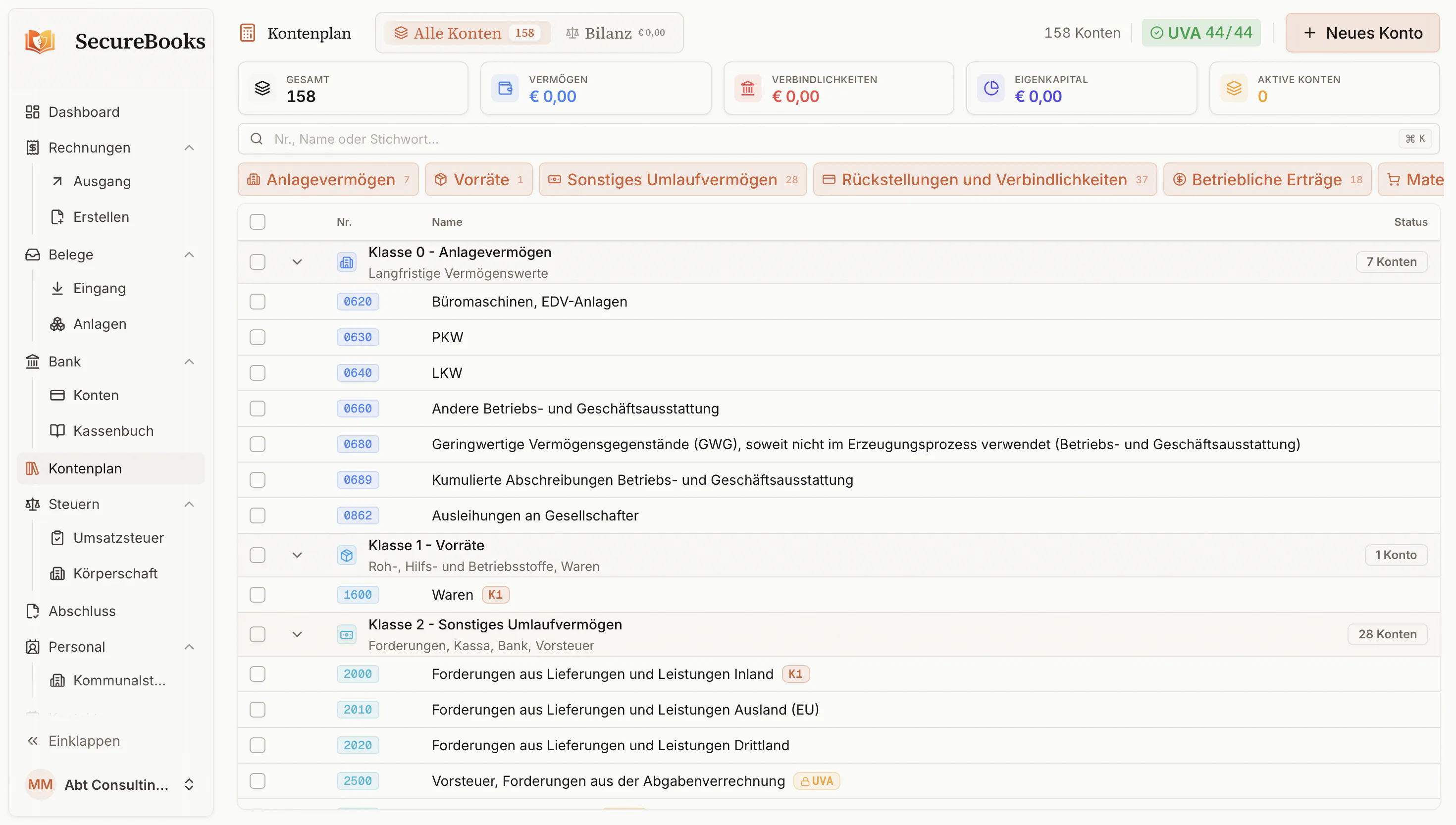 SecureBooks Kontenplan nach österreichischem Standard
