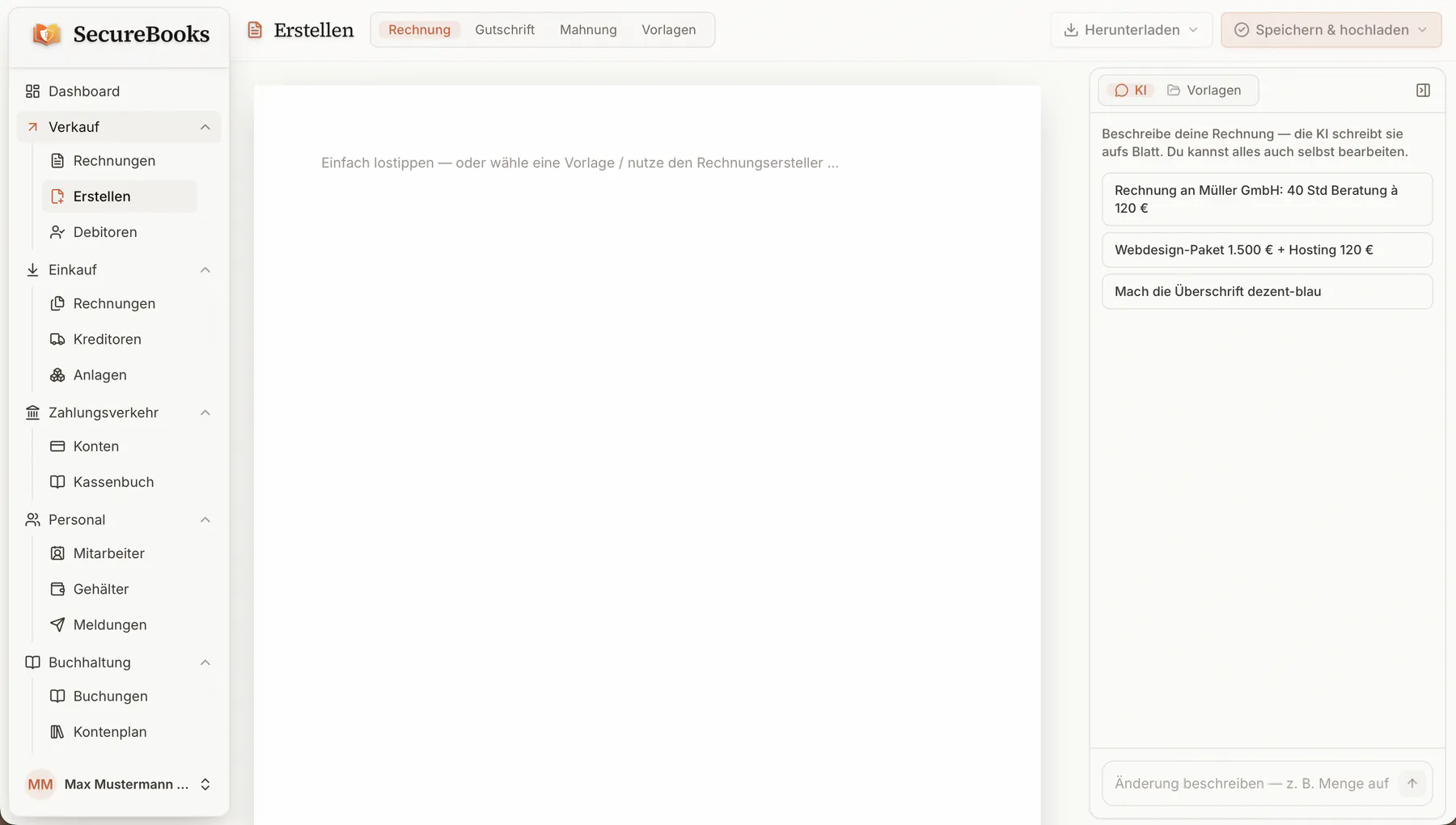 SecureBooks Rechnungs-Editor mit KI-Assistenz