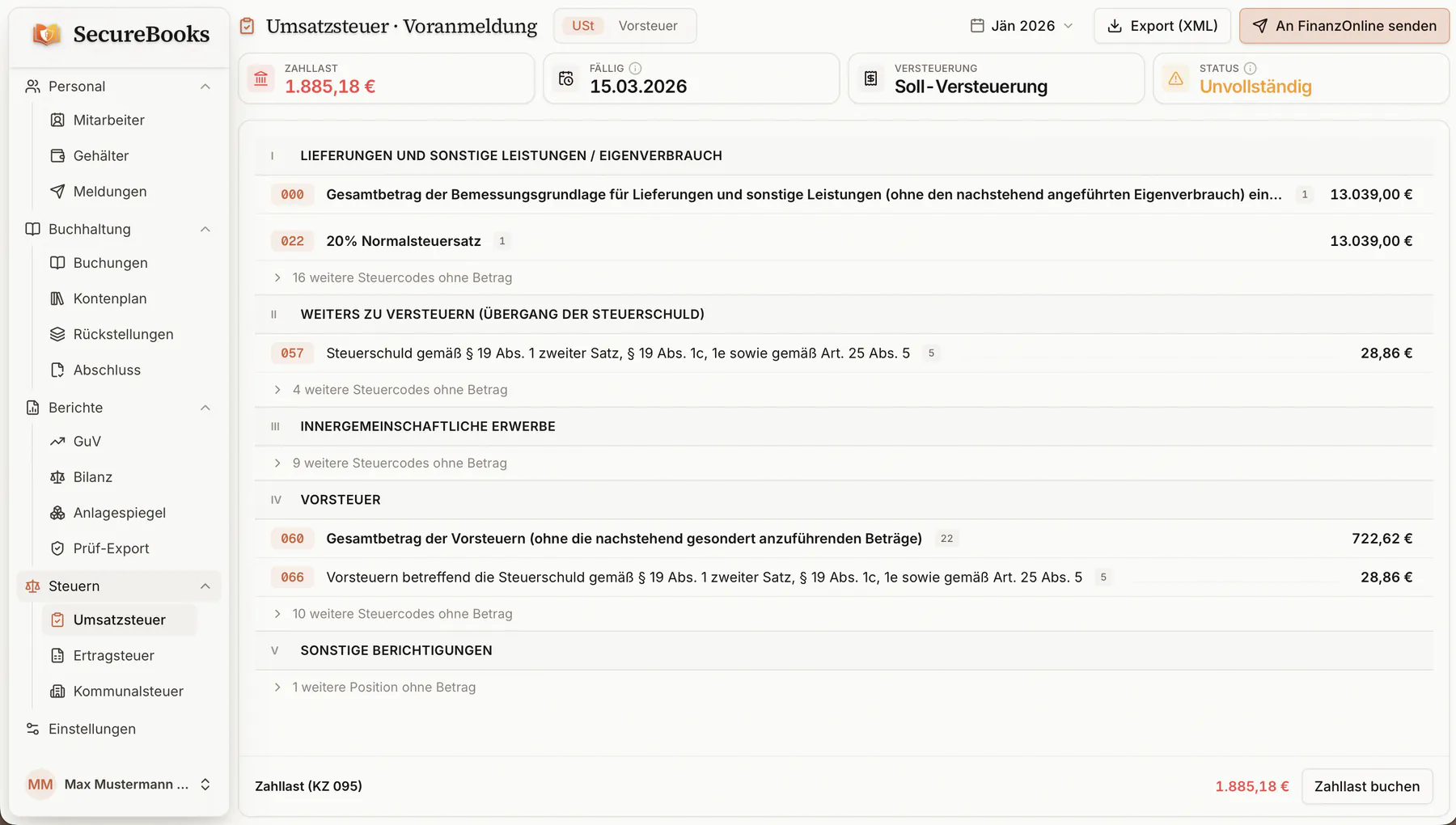 SecureBooks Umsatzsteuer-Voranmeldung (UVA)
